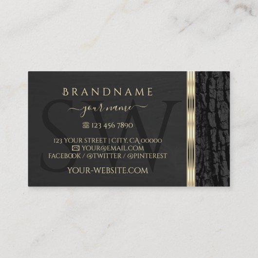 Zwart boomschors Goud  randmonogram Visitekaartje (Achterkant)