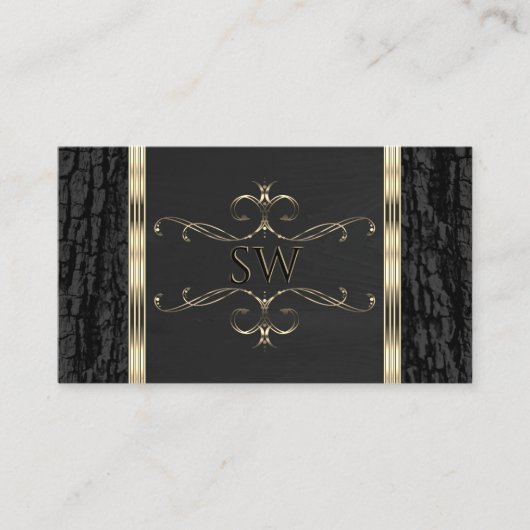 Zwart boomschors Goud  randmonogram Visitekaartje (Voorkant)