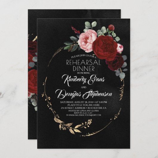 Zwart bordeaux rood goud bloemenrepetitie diner kaart (Voorkant / Achterkant)