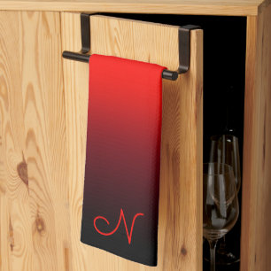 Zwart-Bordeauxrode en helderrode verloop-monogram Theedoek