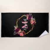 Zwart bordeauxrood bloemen monogram naam geometris strandlaken (Voorkant)