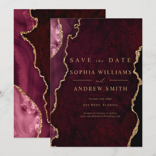 Zwart & bordeauxrood goud modern Sla de datum op Kaart (Voorkant / Achterkant)