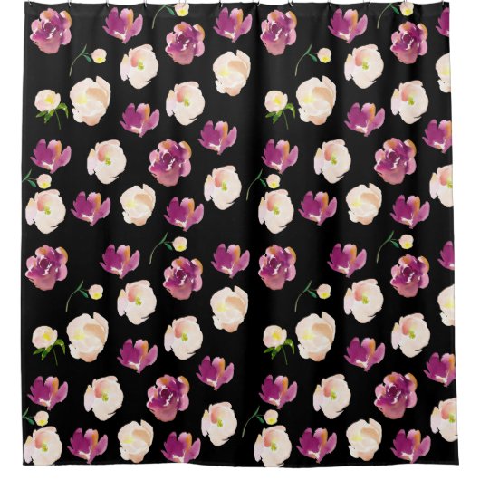 Zwart bordeauxrood roze Waterverf bloemig Douchegordijn (Voorkant)