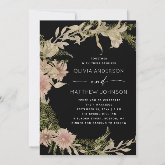 Zwart  bos bloemenvaren bruiloft + QR Kaart (Voorkant)