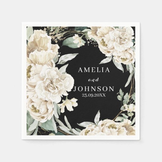 Zwart botanisch groen eenvoudige winter bruiloft servet (Voorkant)