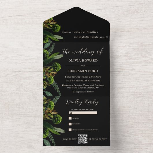 Zwart Botanisch groen | QR-code All In One Uitnodiging (Binnen)