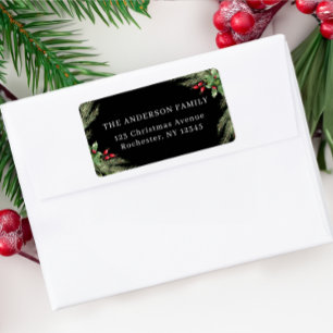 Zwart Botanisch Kerstmisadres Etiket