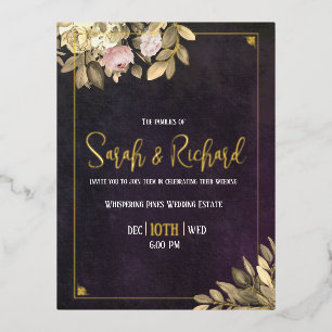 Zwart botanisch luxe Art Deco-huwelijk in houtskoo Folie Uitnodiging Briefkaart