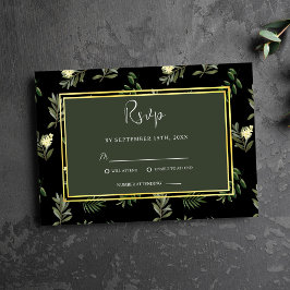 Zwart Botanisch Modern Rustiek Elegant Bruiloft RSVP Kaartje