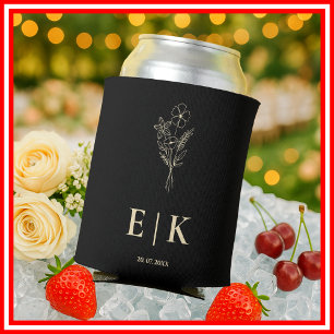 Zwart & Boter Geel Monogram Wilde Bloemen Bruiloft Blikjeskoeler