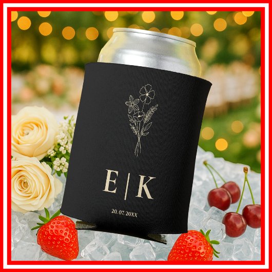 Zwart & Boter Geel Monogram Wilde Bloemen Bruiloft Blikjeskoeler