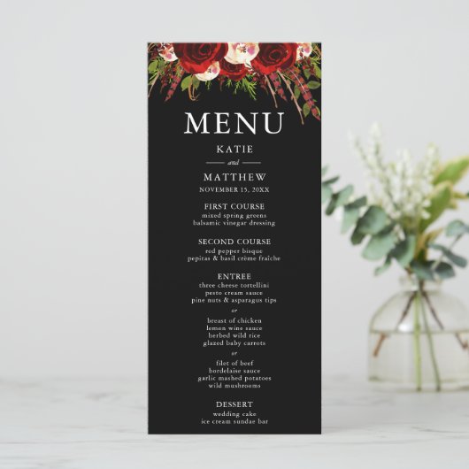 Zwart Bourgogne Bloemen Boho Bruiloft Menu Kaart (Staand voorkant)
