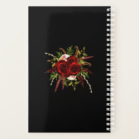 Zwart Bourgogne Bloemen Boho Bruiloft Planner (Achterkant)