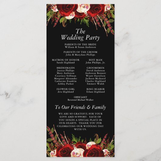 Zwart Bourgogne Bloemen Boho Bruiloft Programma Programmakaart (Achterkant)