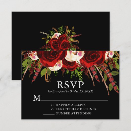 Zwart Bourgogne Bloemen Boho Bruiloft RSVP Kaartje (Voorkant / Achterkant)