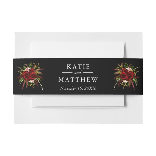 Zwart Bourgogne Bloemen Boho Bruiloft Uitnodigingen Wikkel (Voorkant Voorbeeld)