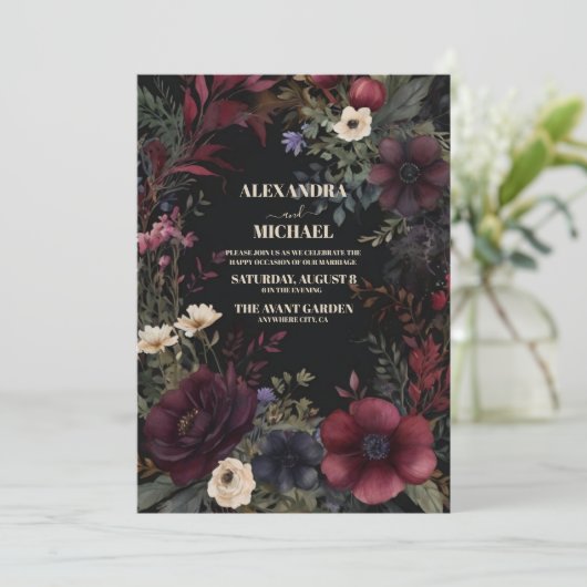 Zwart Bourgogne Floral Modern Boho Bruiloft Kaart (Staand voorkant)