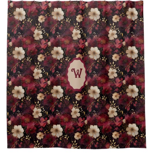 Zwart Bourgogne Gold Cream  Bloemmonogram Douchegordijn (Voorkant)