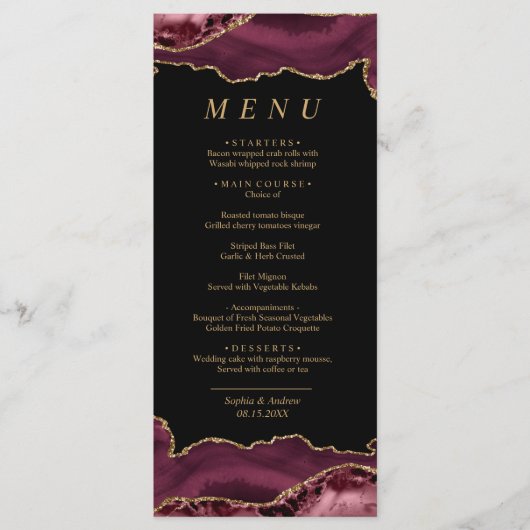 Zwart & Bourgogne Gouden Kalligrafie Bruiloft Menu (Voorkant)