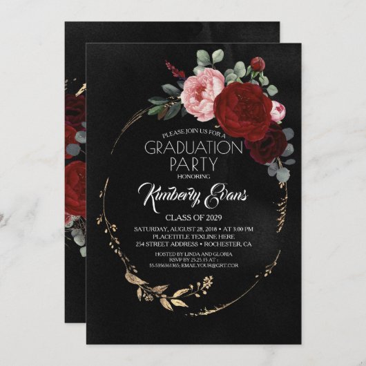 Zwart Bourgogne Rood en Goud Bloemen Afstuderen Kaart (Voorkant / Achterkant)