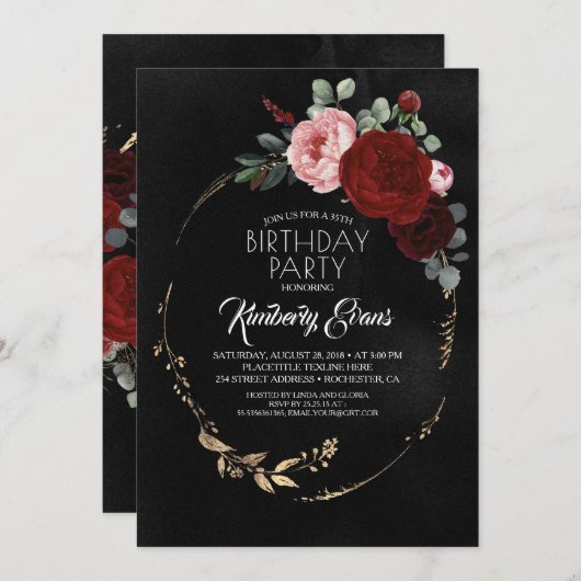 Zwart Bourgogne Rood en Goud Bloemen Moderne Verja Kaart (Voorkant / Achterkant)