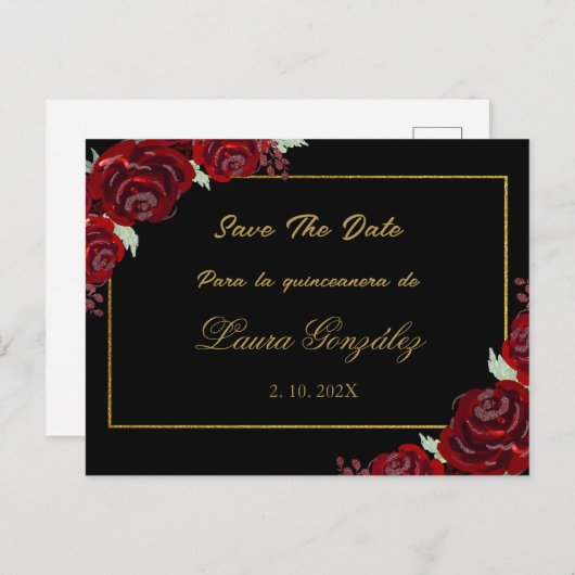 Zwart Bourgogne Save the Date quinceañera Uitnodiging Briefkaart (Voorkant / Achterkant)