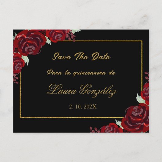 Zwart Bourgogne Save the Date quinceañera Uitnodiging Briefkaart (Voorkant)