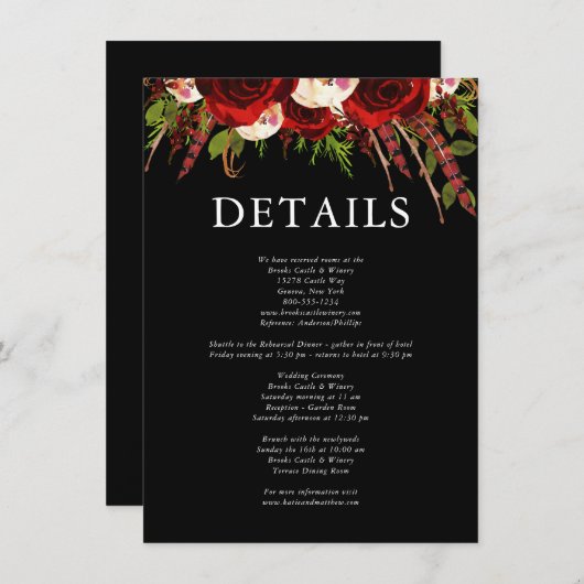 Zwart Bourgondië Floral Boho bruiloft details Informatiekaartje (Voorkant / Achterkant)