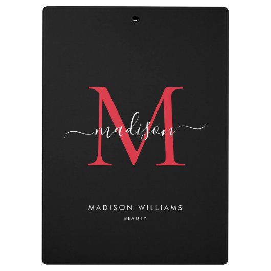 Zwart Bourgondisch Rood Monogram Elegant Script Na Klembord (Achterkant)