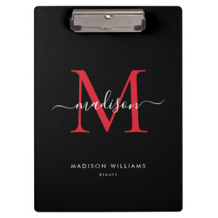 Zwart Bourgondisch Rood Monogram Elegant Script Na Klembord