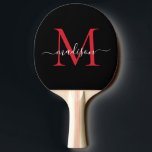 Zwart Bourgondisch Rood Monogram Elegant Script Na Tafeltennisbatje<br><div class="desc">Modern zwart bordeauxrood Maroon Monogram Elegant Script Naam Ping Pong Paddle</div>