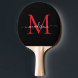 Zwart Bourgondisch Rood Monogram Elegant Script Na Tafeltennisbatje<br><div class="desc">Modern zwart bordeauxrood Maroon Monogram Elegant Script Naam Ping Pong Paddle</div>