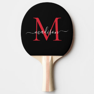 Zwart Bourgondisch Rood Monogram Elegant Script Na Tafeltennisbatje