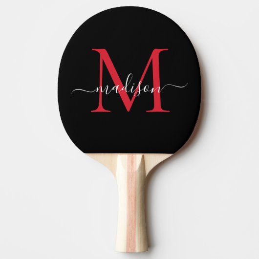 Zwart Bourgondisch Rood Monogram Elegant Script Na Tafeltennisbatje (Voorkant)