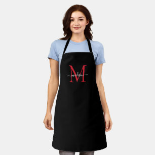 Zwart Bourgondisch Rood Monogram Girly Vrouwelijk Schort