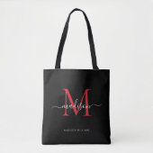 Zwart Bourgondisch Rood Monogram Script Naam Initi Tote Bag (Voorkant)