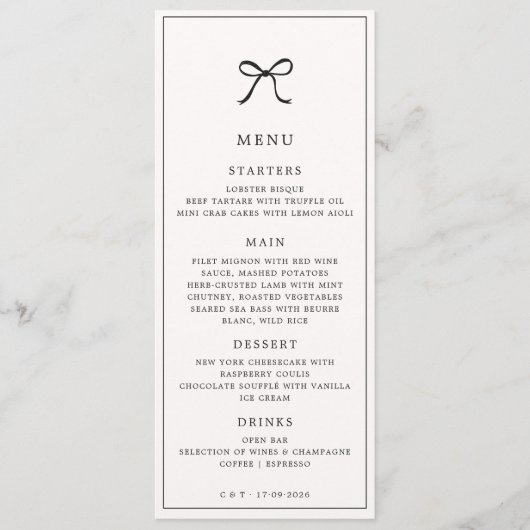 Zwart Bow Minimalist Elegant Wedding Menu (Voorkant)