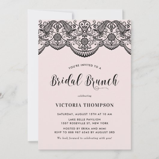 Zwart Brocade Lace Blush Bridal Brunch Kaart (Voorkant)