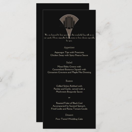 Zwart Brons Art Deco Tower Bruiloft Menu (Voorkant / Achterkant)