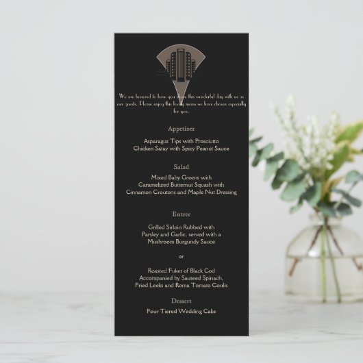 Zwart Brons Art Deco Tower Bruiloft Menu (Staand voorkant)