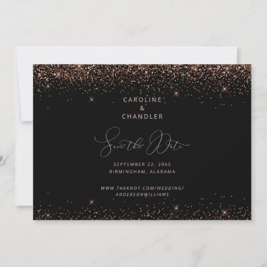 Zwart & Brons Glitter Save the Date Glam Kaart (Voorkant)