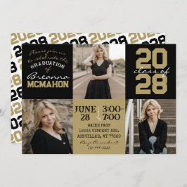Zwart & Brons Goud 3 Foto Afstuderen Invitation Kaart