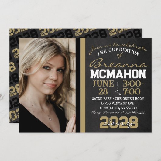 Zwart & Brons Goud Krijtbord Afstuderen Foto Kaart (Voorkant / Achterkant)