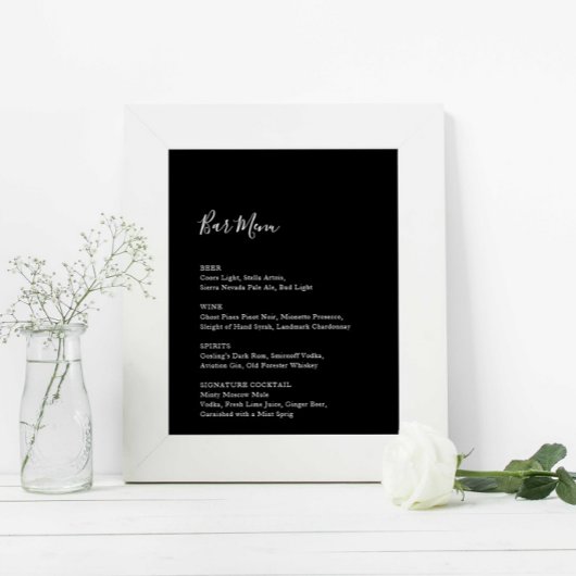 Zwart Bruiloft Bar Menu Receptie Teken Drinken Poster