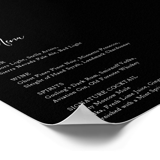 Zwart Bruiloft Bar Menu Receptie Teken Drinken Poster (Hoek)