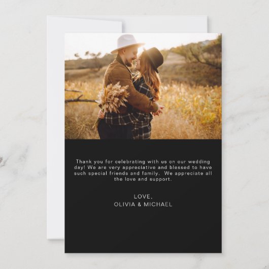 Zwart Bruiloft Dank u Foto Minimalist Kaart (Achterkant)