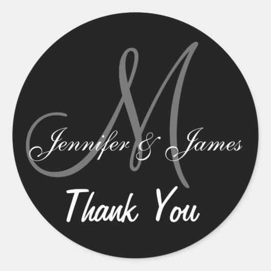 Zwart Bruiloft Dank u Monogram namen Ronde Sticker (Voorkant)