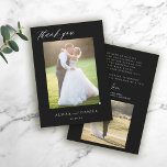 Zwart bruiloft eenvoudig 2 foto-elegant script bedankkaart<br><div class="desc">Minimalistisch eenvoudige trendy chic bruiloft bedankt je persoonlijke kaart met twee foto's,  je aangepaste tekst,  een klein hart en je handtekening.</div>