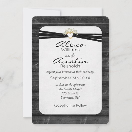 Zwart bruiloft en hart op hout kaart (Voorkant)