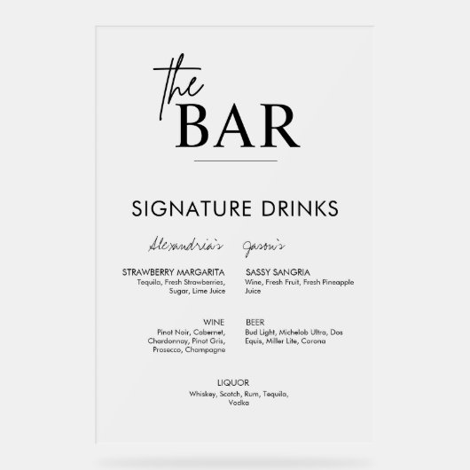 Zwart Bruiloft Handtekening Drinken Bar Menu Frost Acryl Bord (Voorkant)